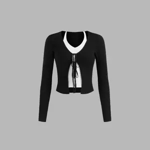 Cider [size 2-10] Knit V-neck Two Tone Tie Front Long Sleeve Crop Top