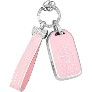 Pink Key Fob Cover for Honda Accord CRV Civic Pilot Passport Insight Accessories 5 Buttons Car Keys Case Shell Protector Full Covers Bling Keychain Women Girly Cute TPU