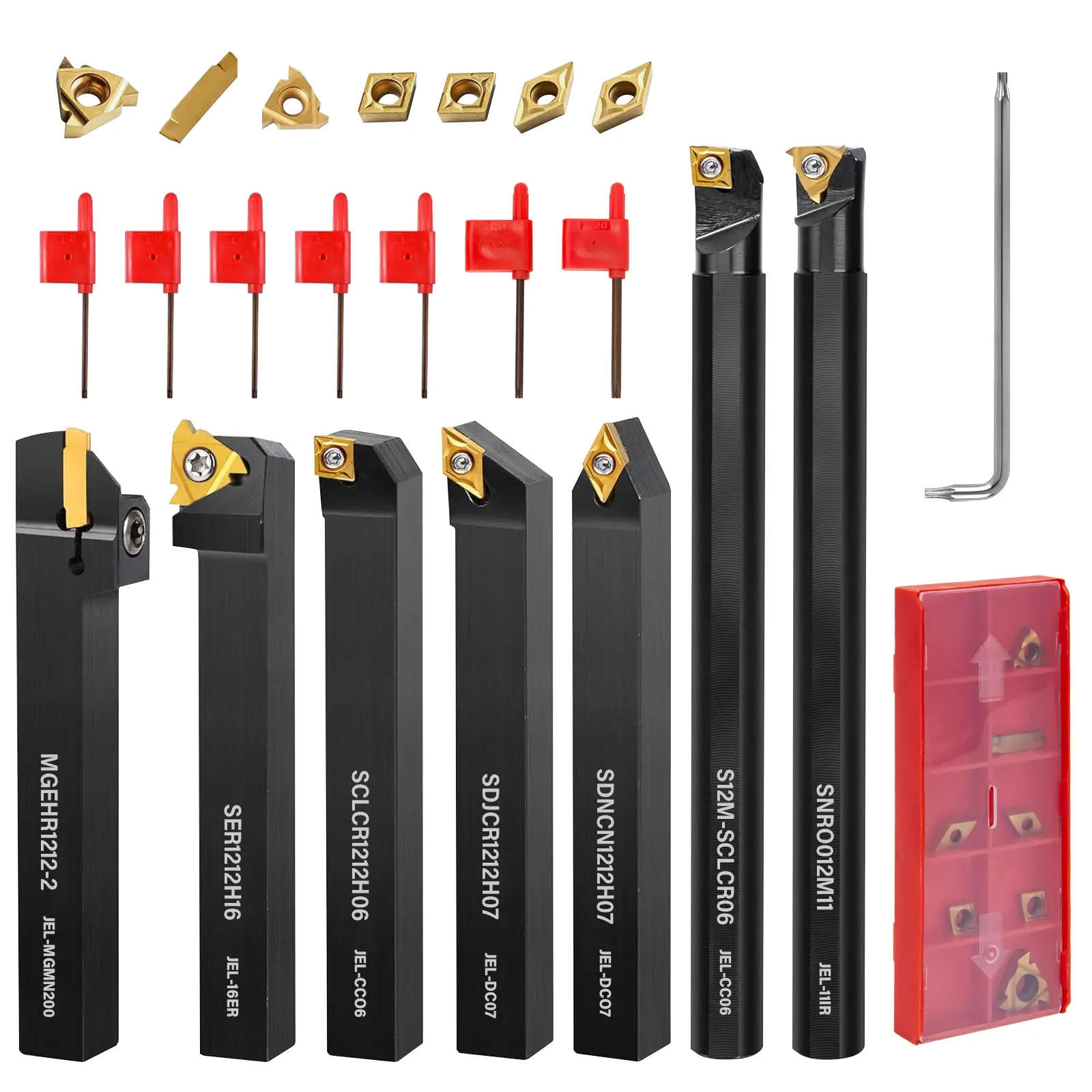 Indexable Lathe Turning Tool Set, 14PCS 1/2'' (12mm) Shank, 7PCS Metal Lathe Tool Holders with 7PCS Carbide Inserts for Turning, Grooving, Threading, Boring – CNC Lathe Cutting Tools Kit
