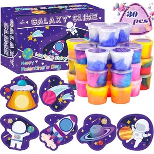 30 Pack Valentines Day Gift Cards with Galaxy Slime Stress Relief Fidget Toy for Kids Party Favor, Classroom Exchange Prizes,Valentine Exchange Gifts, Valentine’s Greeting Cards