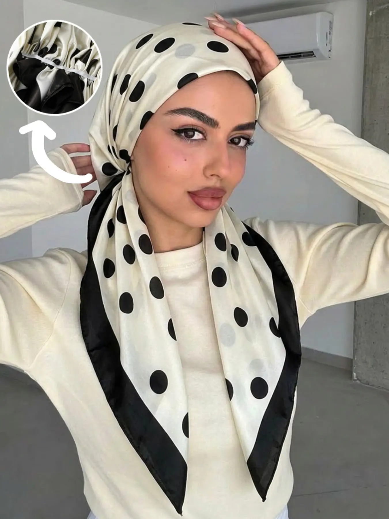 1pc Satin Polka Dot Print Headscarf Hat, Fashion Headscarf, Geometric Hijab, Soft Comfortable Breathable Sweat-Wicking, Daily Wear, Adjustable Elastic