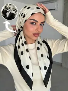 1pc Satin Polka Dot Print Headscarf Hat, Geometric Hijab, Soft Comfortable Breathable Sweat-Wicking, Daily Wear, Adjustable Elastic