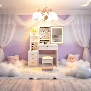 Modern White Makeup Vanity Desk with Lighted Mirror, Storage Drawers, Chair, Shelves & Transparent Top - Minimalist Liki Mio Indoor Furniture for Bedroom