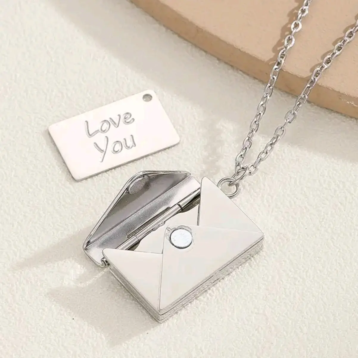 Stainless Steel Silver Necklace with Envelope Charm and Love You Message