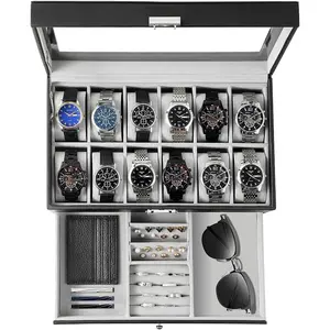 Watch Box 12 Slot Leather Watch Display Case with Glass Lid Dustproof Watch Organizer for Men Watch Storage Box Gift for Husband Dad