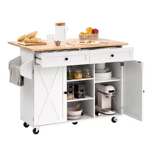 52-Inch Kitchen Island Cart With Rolling Storage Cabinet Table, Drawer, And Drop-Leaf Extendable Countertop On Locking Wheels, Mobile Prep Island For Kitchen, Dining Room, Sturdy Steel And Wood Construction, Easy Assembly