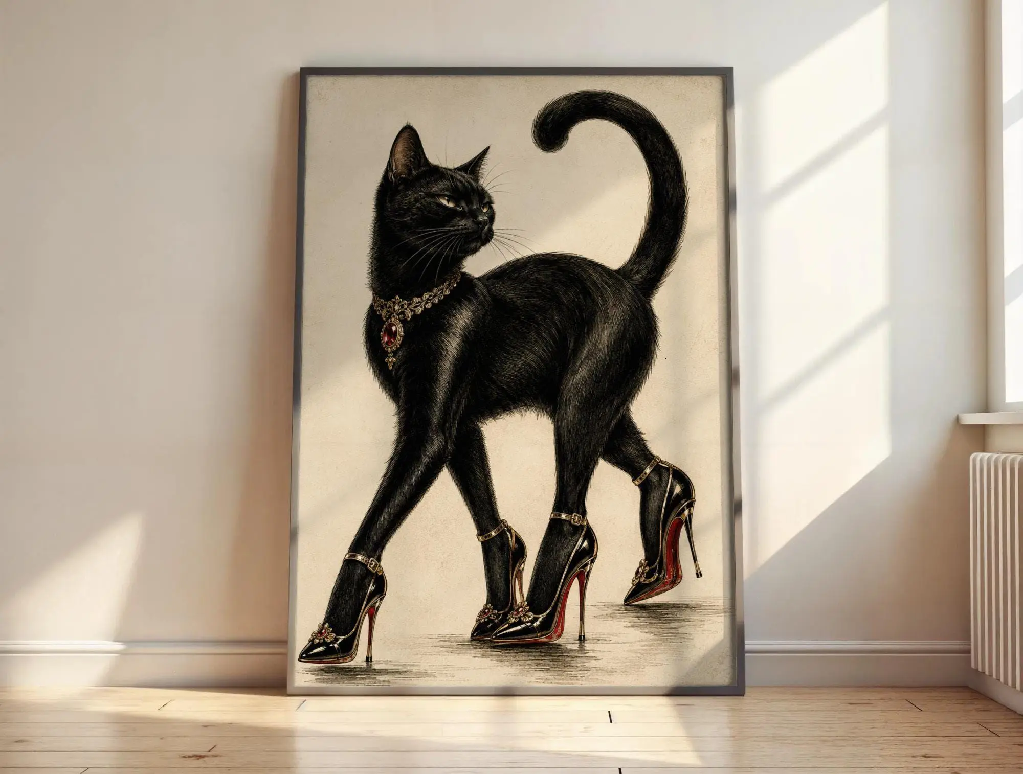 Black Cat Printable Wall Art, Funny Fashion Cat Poster, Gothic Glam Cat Print
