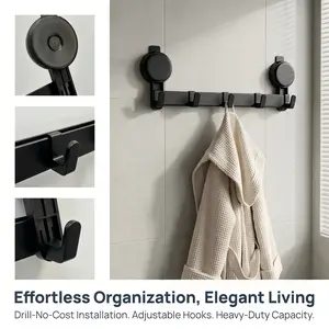No Drill Heavy Duty 5 Hooks Vacuum Suction Cup Wall Hook Rack, Renter Friendly Damage Free Hanger, Waterproof Rustproof Space Aluminum Towel Coat Hook for Bathroom Entryway, Easy Install Home Storage Organizer for Smooth Tile Glass Wood Wall