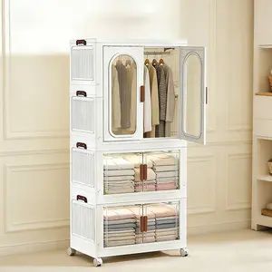 23.6 in/60cm Foldable Rolling Plastic Wardrobe with Swivel Wheels,Stackable Closet Organizer with Hanging Rod&Magnetic Clear Doors,Dustproof Armoire for Bedroom Dorm,2/3/4 Tier Collapsible Dresser,Movable Linen Toy Storage for Small ApartmentQuickAssembly