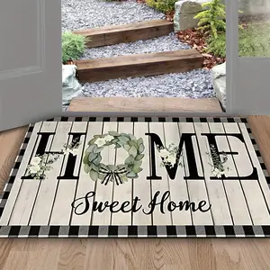 1pc 'Home Sweet Home' Floral Grid Pattern Welcome Mat Durable Non-Slip Entrance Mat for Living Room Bedroom Bathroom Reading Area Patio Decor Fashionable Home Decor
