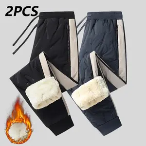 Men's Thick Fleece-Lined Snow Pants Colorblock Design Elastic Drawstring Waistband Side Pockets Heavyweight Winter Sizes 2PCS Matching Menswear sweatpants men Set Small outdoor wear Stylish Casual pantalones para hombre pantalones para el frio