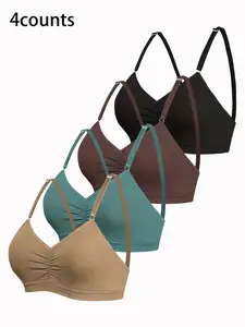 Women's Seamless Bralette Underwear Set, Adjustable Straps, Medium Support, Fit, Plain Pattern, Casual Style, All Seasons, 4 Pieces