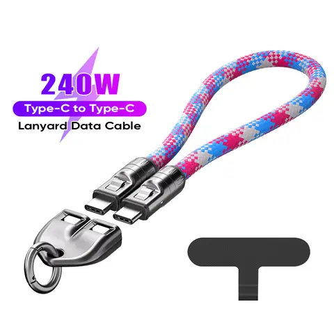AUFU 240W USB-C PD 3.1 Cert. Electronic 2-in-1 Fast Charger Cable & Data Cable with Personalized Lanyard Set - Colorful Braided Rope, Zinc Alloy, E-Maker Chip, 480Mbps Speed, Durable for Mobile Smartphones (Black, USB-C Plug)