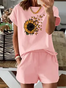 Women's Two-piece Shorts Set, Butterfly & Sunflower Floral Print Tee & Pocket Shorts Set, Casual Round Neck Short Sleeve Fitted T-shirt & Shorts, Ladies Summer Clothes