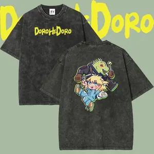 Menswear Dorohedoro Caiman & Nikaido Chibi Double-Sided Graphic Cotton Fabric Retro Short-Sleeve Washed T-Shirt, Vintage Distressed Oversized Loose-Fit Harajuku Dark Manga Kawaii Unisex Casual Streetwear Tee