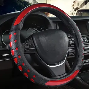 1PC Stylish Faux Leather Steering Wheel Cover with Heart Patterns in Red and Black - Fits All Cars, All-Season, Sports Inner Accessory, Cute, Car Interior Supplies, Car Steering Wheel Cover with Inner Ring
