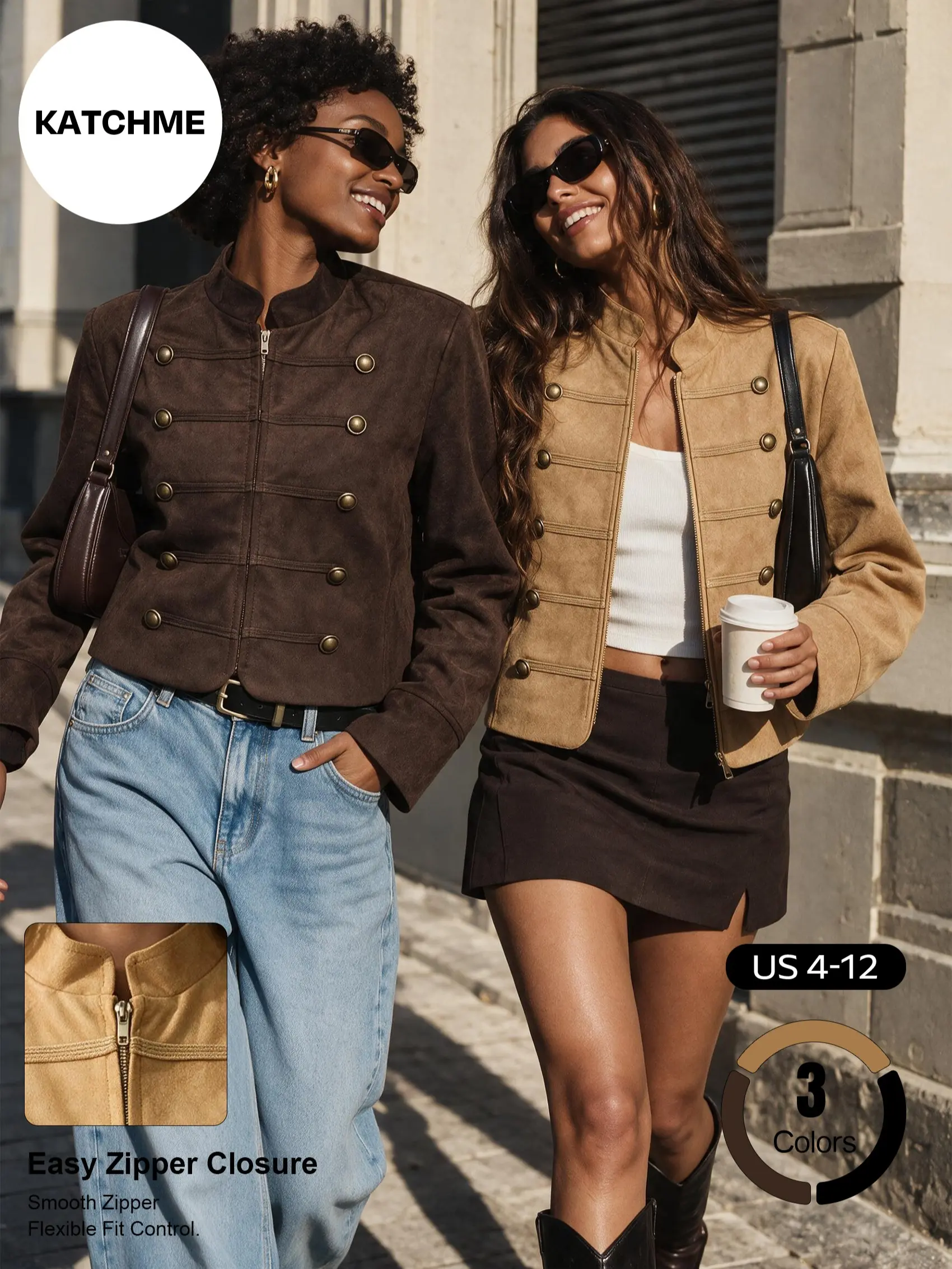 Katch Me Chic Women's Vintage Faux Suede Jacket, Military Inspired Zip-Up Outerwear, Soft Lined Long Sleeve Wear-Resistant Bomber Jacket #TikTokMadeMeBuyIt #CasualStreetwear