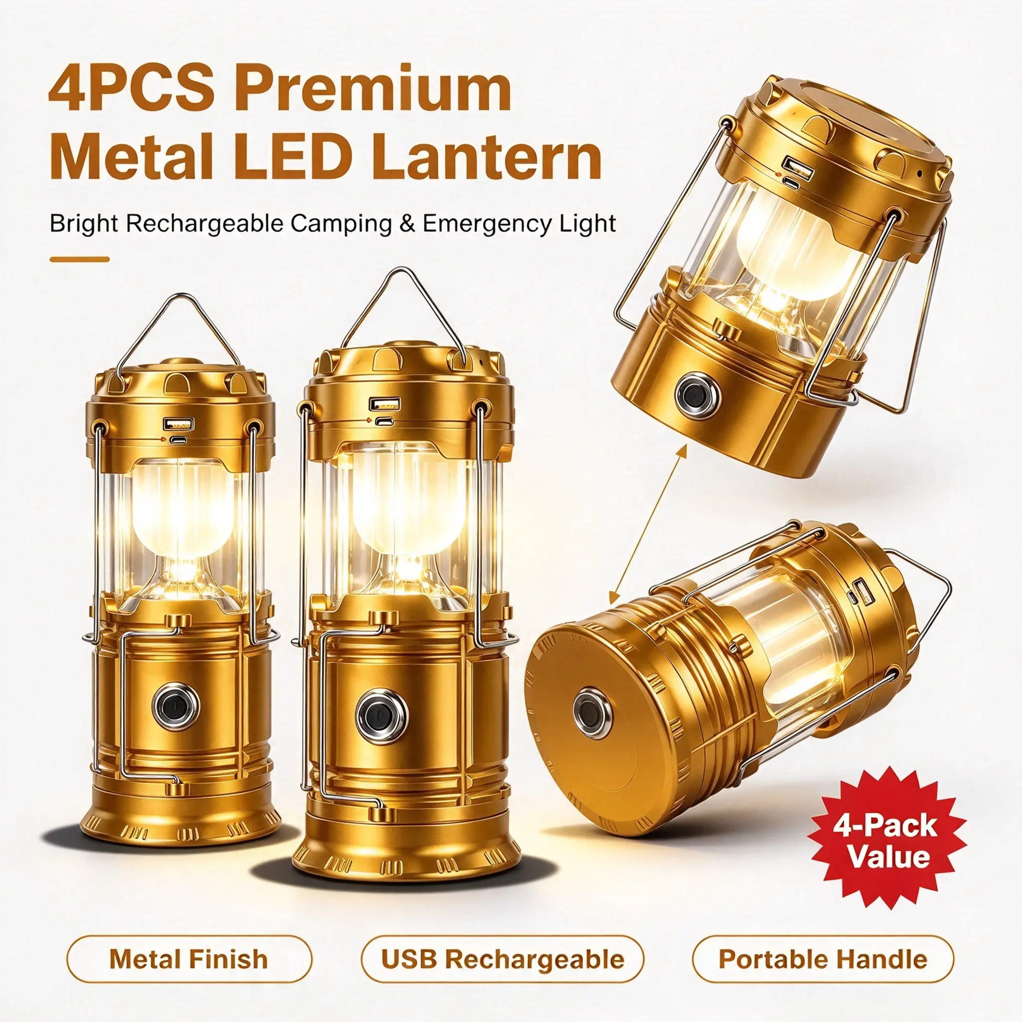 4PCS Portable LED Camping Lantern, Lightweight USB Rechargeable Survival Flashlight with Handle, 4600mAh Portable Lighting, Vintage Hurricane Lamp for Indoor Outdoor Emergency, Camping & Repair