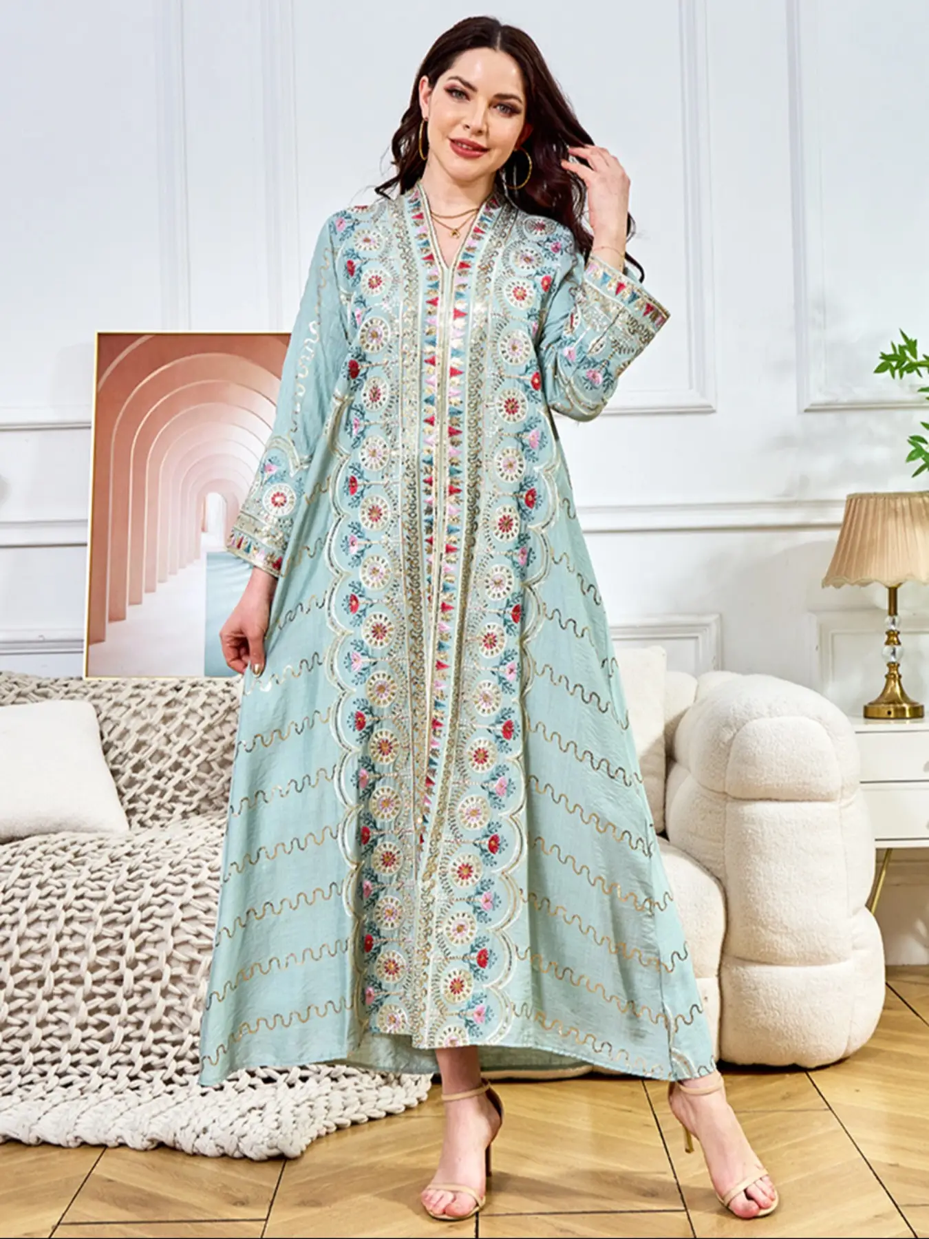 Elegant Light Muslim Kaftan Dress, V Neck Loose Fit Party Gown, Arabic Turkish Style Women's Fashion Robe