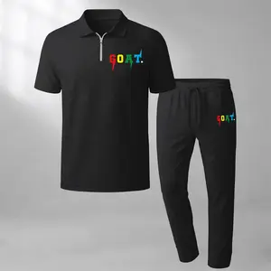 Men's GOAT Print Two-Piece Set, Including A Short-Sleeved Zippered Polo Shirt And Drawstring Trousers; A Waffle-Textured Casual Summer Outfit.