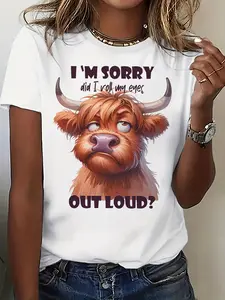 Women's "I'm Sorry Did I Roll My Eyes" Humorous Highland Cow Graphic Crew Neck T-Shirt - Soft Stretch Casual Tee for Spring Summer Fall, Machine Washable Everyday Top for Women & Gifts, Cow Print Shirt, Funny Gift Idea, Quirky Design, Stretchy Material, T