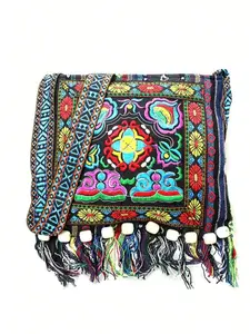 Vintage Medium Messenger Bag Colorblock Embroidered Detail Tassel Decor- vintage boho bags