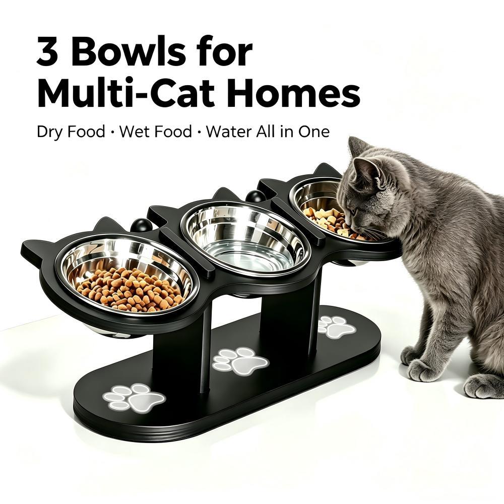 3 Bowl Elevated Cat Feeder with Food Water & Treat Bowls, 15° Tilted Raised Cat Bowl Stand with Detachable Stainless Steel Bowls, Anti-Slip Base, Ergonomic Design Reduces Neck Strain, Easy Clean Stable Pet Feeding Station