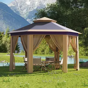 13x13 FT Hexagonal Pop Up Gazebo Double Roof UV Waterproof Canebo Anti Mosquito Zipper Mesh Net Breathable Vent Heavy Duty Iron Frame Portable Outdoor Shade Tent with Carry Stakes for Garden Patio Party