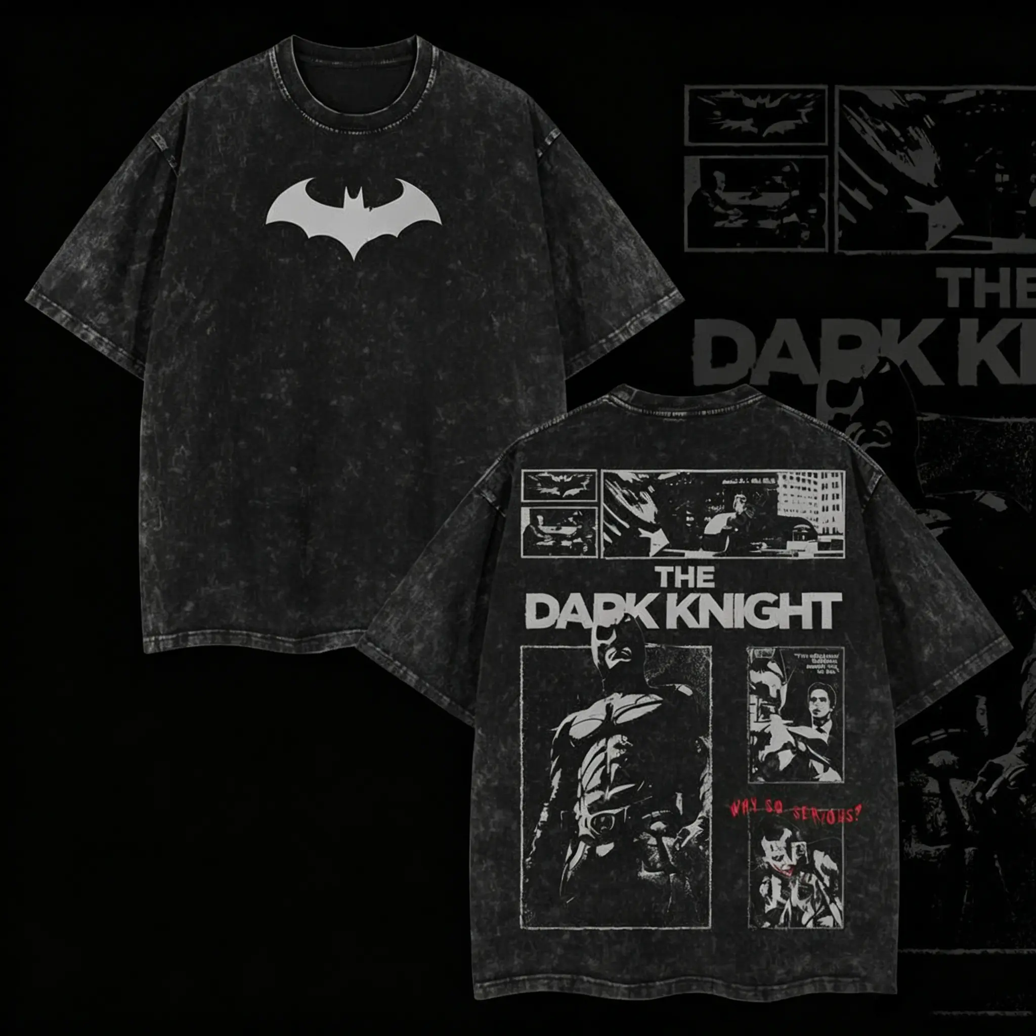 Gotham Guardian Graphic T-Shirt, Oversized Acid Washed Streetwear Tee, Double-Sided Printed Lightweight Unisex Top, Dark Hero Y2K Vintage-Inspired Casual Fall Outfit