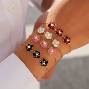 Luck Jewelry Female Flower & Pearl Accent Gold-Tone Costume Bracelet - Non-Tarnish Stainless Steel, Adjustable for Daily Wear, Flowers