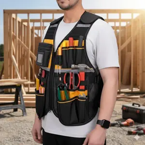 Durable Waterproof Work Vest: Multi-Pocket Tool Organizer with Reflective Strips for Construction, Carpentry, Electrical, Mechanics, and Gardening. Perfect for Safety and Organization. High Visibility Vest