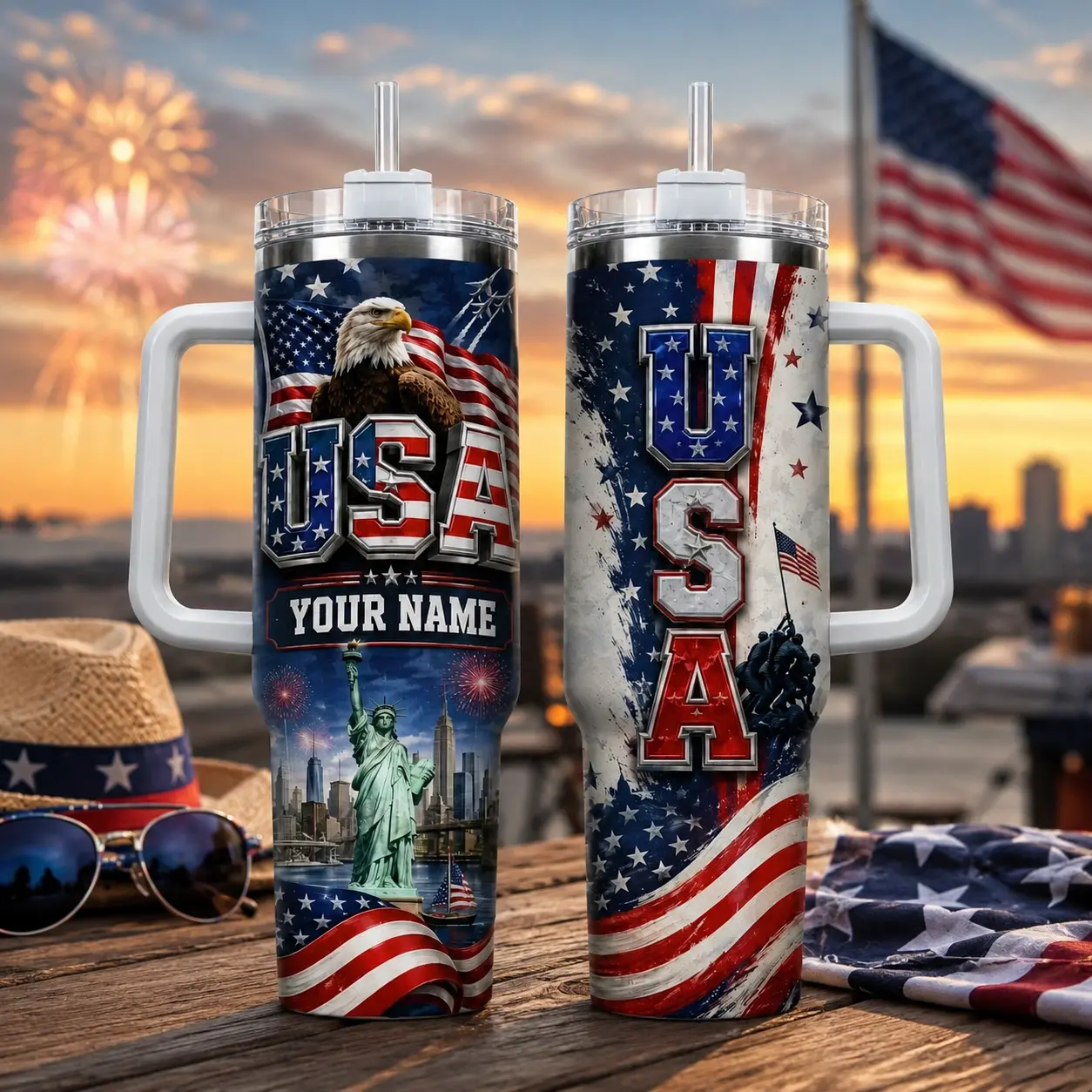 Personalized USA 40oz Tumbler With Handle, Patriotic American Flag Travel Cup