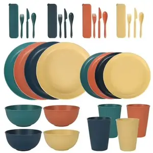 Wheat Straw Dinnerware Set, Unbreakable Plastic Plates and Bowls Sets, Dishwasher Microwave Safe Dinner Sets - Multi Color