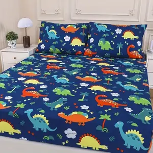 Cartoon Small Dinosaur Bedding Set, Includes 1 Fitted Sheet and 2 Pillowcases, Polyester Material, Digital Print, All Seasons Use, Home Textile