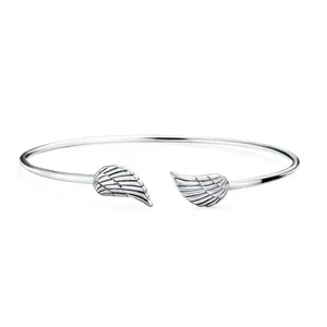 Spiritual Delicate Thin Angel Wing Feather Bangle Cuff Bracelet Sterling Silver All Ages Etched Details