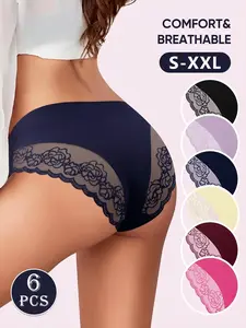 Elegant Lace Panties Set 6PCS Seamless Transparent Mesh Pure Cotton Crotch Women's Thong Pants Underwear European Size S-XXL Comfortable Everyday Wear