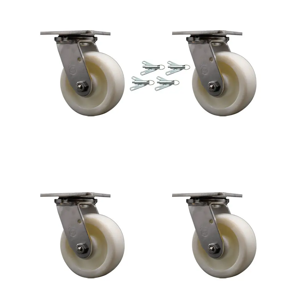 Service Caster SCC-SS31630S520-NYR-BSL-4 Polished 316 Stainless Steel Heavy Duty Castors for Carts, Material Handling, Shop Projects, 5 in. Nylon Wheels, 4 Bolt-On Swivel Locks, 3600 lbs Total Capacity - Set of 4