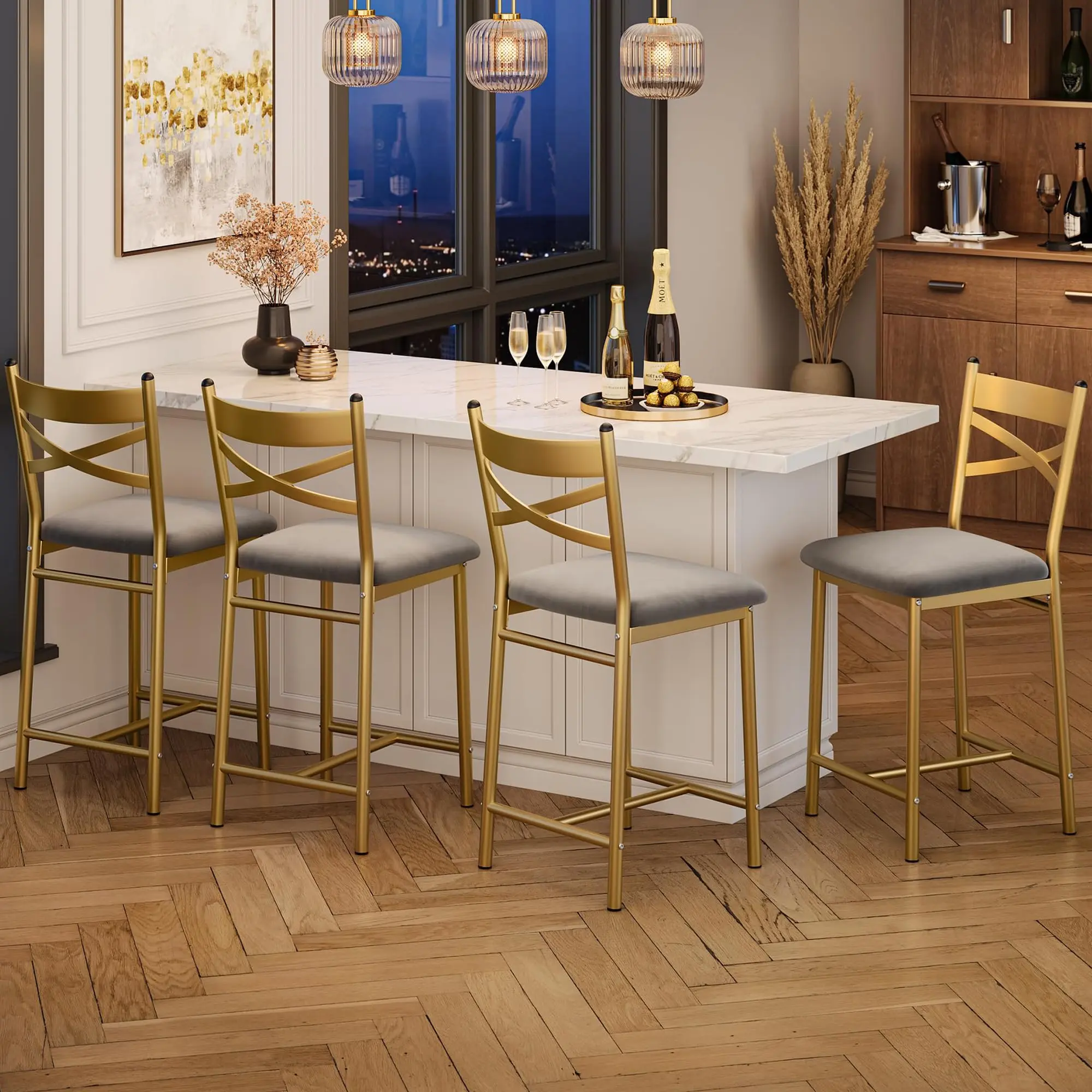 Garvee Set of 4 Metal Counter Height Dining Chairs with X-Back Design, Thick Synthetic Leather Cushions, and Waterproof Surface for Comfortable and Stylish Dining