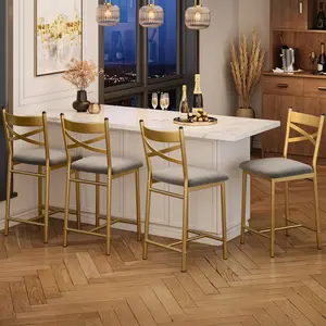 Garvee Set of 4 Metal Counter Height Dining Chairs with X-Back Design, Thick Synthetic Leather Cushions, and Waterproof Surface for Comfortable and Stylish Dining