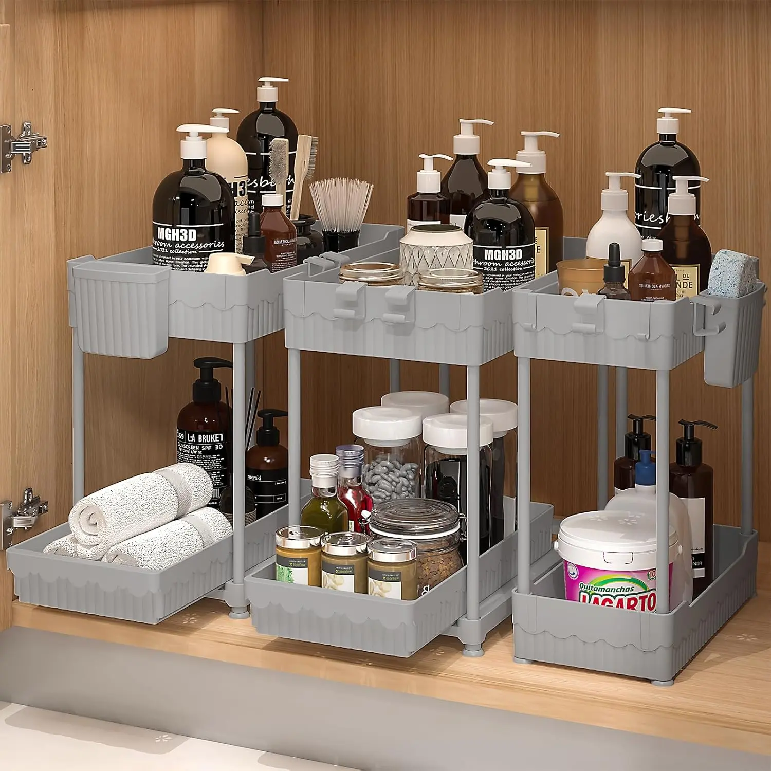 3 Pack 2-Tier Under Sink Organizers with Sliding Drawers, Multi-Purpose Under Cabinet Storage Organizer, Kitchen & Bathroom Vanity Cabinet Organizer