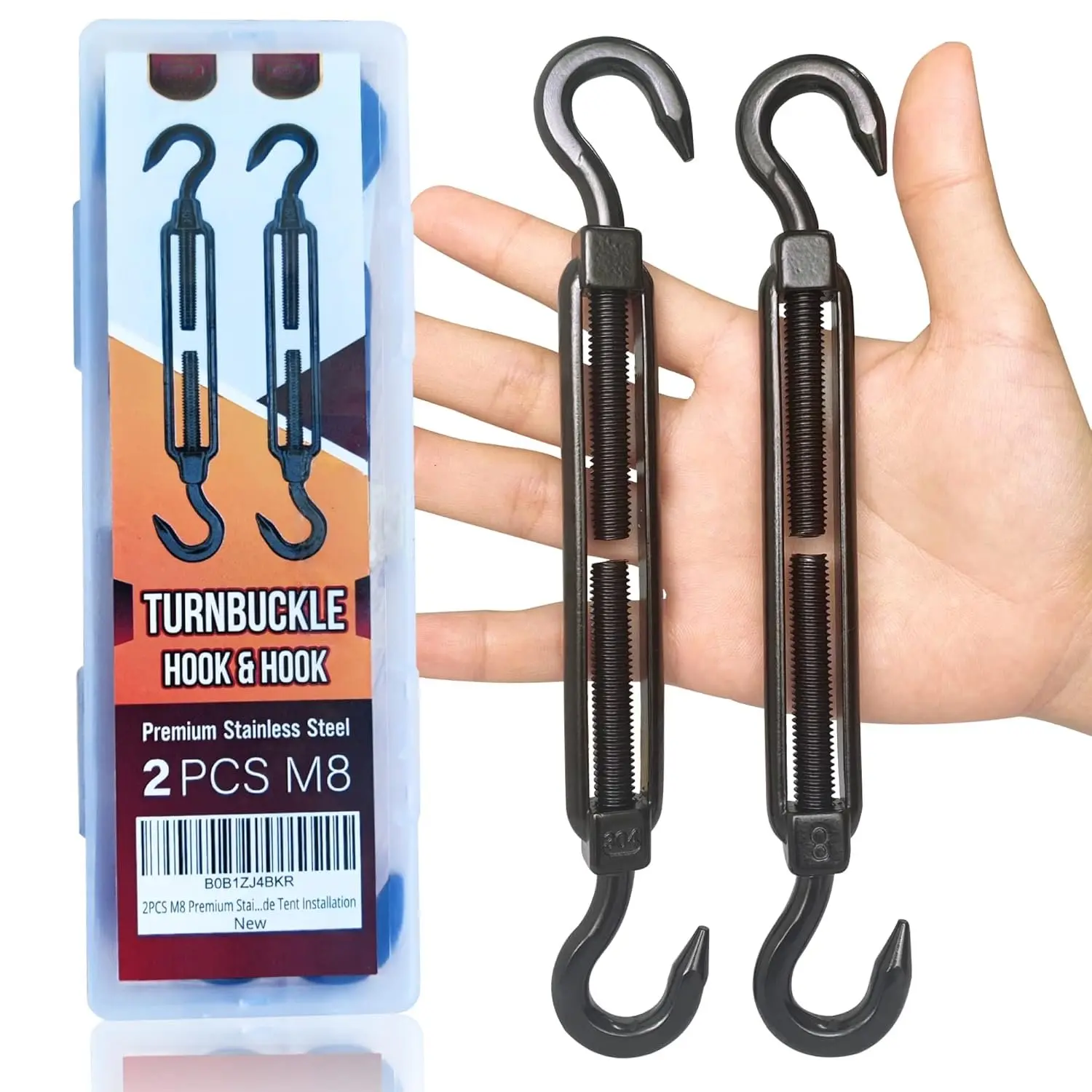 2-Count Heavy Duty Sturdy M8 Anti-Rust Wear-Resistant Stainless Steel Hook & Hook Turnbuckle, Black Outdoor Railing Kit with 440lb Load Capacity for Wire Tension, Shade Sail Fixings, Climbing Hardware Installation