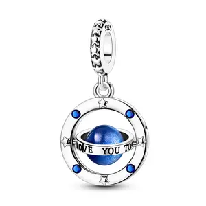 MULA S925 Silver-plated galaxy planet pendant with shiny blue resin ball and CZ decoration, "Love you to the moon" message, a romantic gift for women, can be matched with Pandora bracelets and necklaces