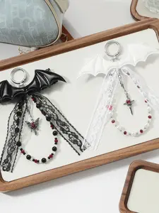 Fashionable Dark Style Couple Ccb Cross Leather Bat Lace Bow DIY Keychain, Elegant Embroidery Accessory for All Seasons