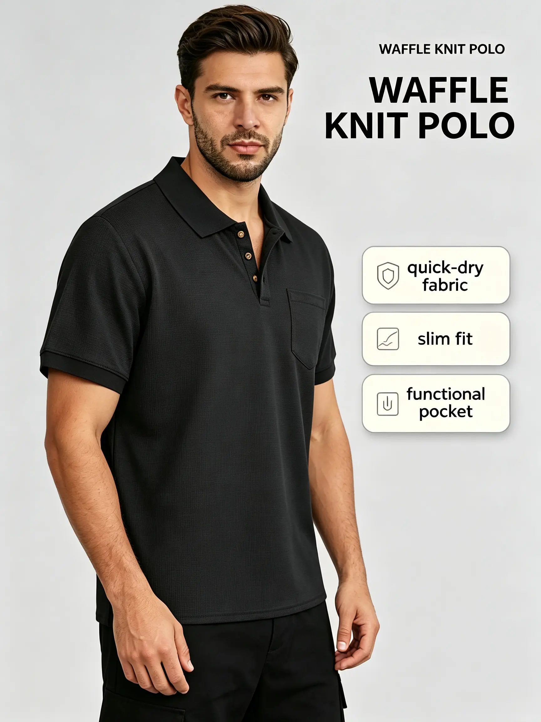 Men's Minimalist Waffle Polyester Knit Polo Shirt - Soft Short-Sleeve, Classic Slim Fit, Basic Menswear Top with 1 Pocket, Lightweight Quick-Dry Stretch Anti-Abrasion Fabric for Gym, Sports, Day Use, Ideal for Fathers, Waffle Knit