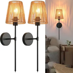 2 Pcs Braided Cord Wall Sconces, 2000 mAh RGB Rechargeable Bulbs, Dual Mounting Options (Adhesive or Drilling), For Restaurants, Bedrooms, Living Rooms, and Home Offices, Nordic Interiors Lighting, Dimmable Lighting, RGB Lights