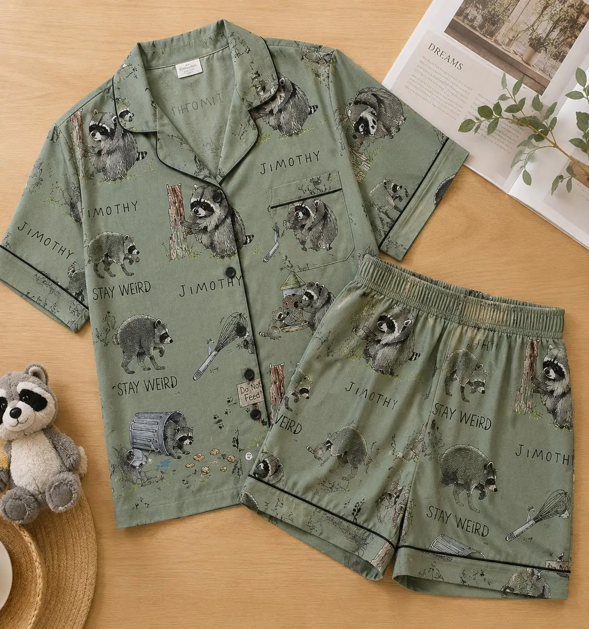 Funny Raccoon Pajama Set for Women, Jimothy Stay Weird Button Down Short Sleeve Sleepwear, Cute Soft Lounge Pajamas Gift
