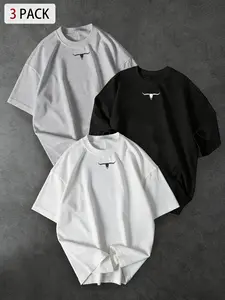 3-Pack Unisex Oversized T-Shirts with Minimalist Longhorn Skull Chest Print, Western Streetwear for Casual Everyday Wear