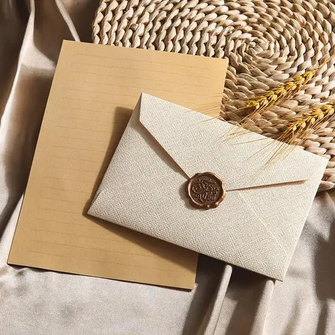 16pcs/set Burlap Envelope & Letter Paper Set, Random Color Including 3pcs Envelope & 10pcs Letter Paper & 3pcs Lacquer Sticker, Vintage Style Invitation Postcard, Stationery Office Supplies