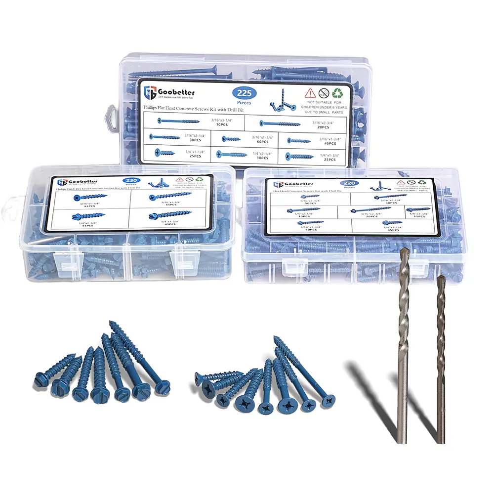 Concrete Screws with Drill Bit, 230Pcs Concrete Screws 1/4 3/16 Assortment Kit, Flat & Hex Head Masonry Block Brick Cement Screws and Anchors, Concret