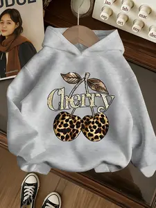 Girls' Leopard Cherry Hoodie, Vintage Style, Soft Fabric, Casual Fitted Sweatshirt, Spring & Fall, Streetwear